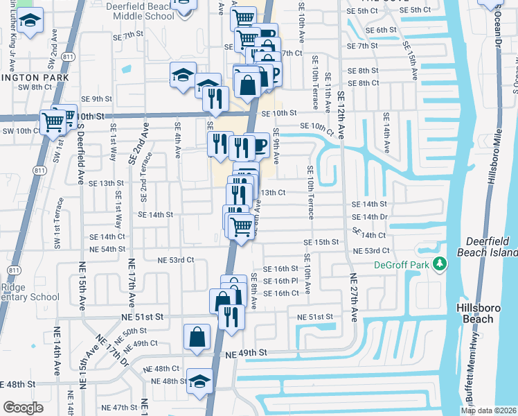 map of restaurants, bars, coffee shops, grocery stores, and more near 801 Southeast 14th Drive in Deerfield Beach