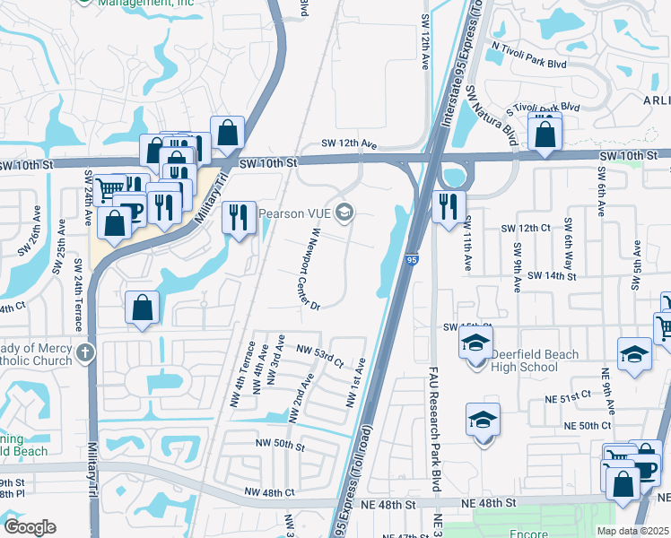 map of restaurants, bars, coffee shops, grocery stores, and more near 1287 East Newport Center Drive in Deerfield Beach