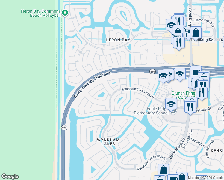 map of restaurants, bars, coffee shops, grocery stores, and more near 12323 Northwest 56th Court in Coral Springs