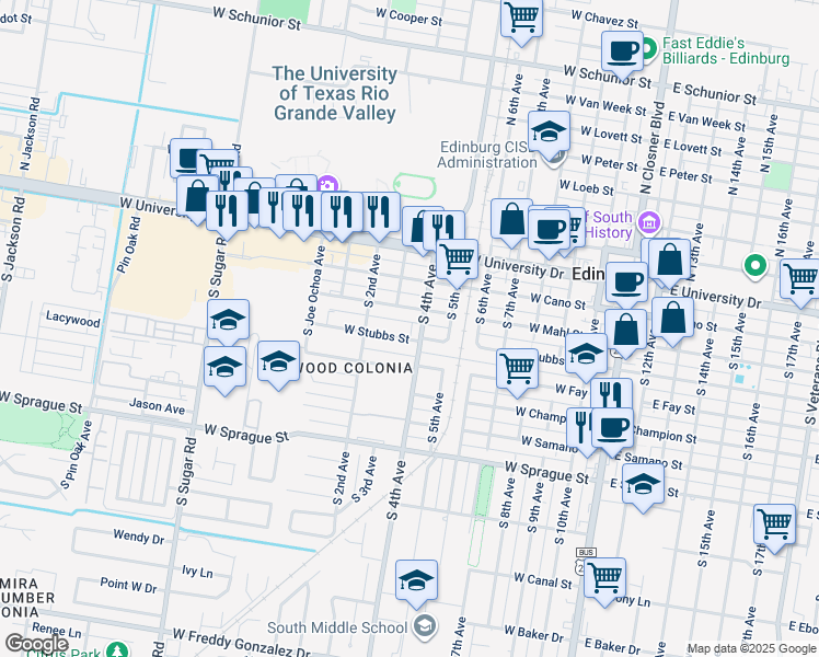 map of restaurants, bars, coffee shops, grocery stores, and more near 723 West Stubbs Street in Edinburg