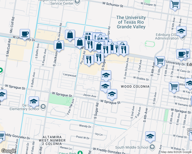 map of restaurants, bars, coffee shops, grocery stores, and more near 515 Sugar Road in Edinburg