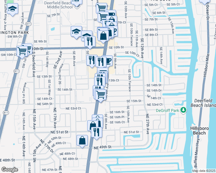 map of restaurants, bars, coffee shops, grocery stores, and more near 801 Southeast 14th Drive in Deerfield Beach