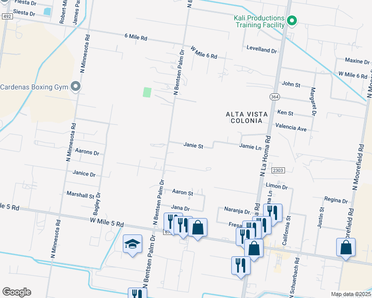 map of restaurants, bars, coffee shops, grocery stores, and more near 3605 Janie Street in Mission