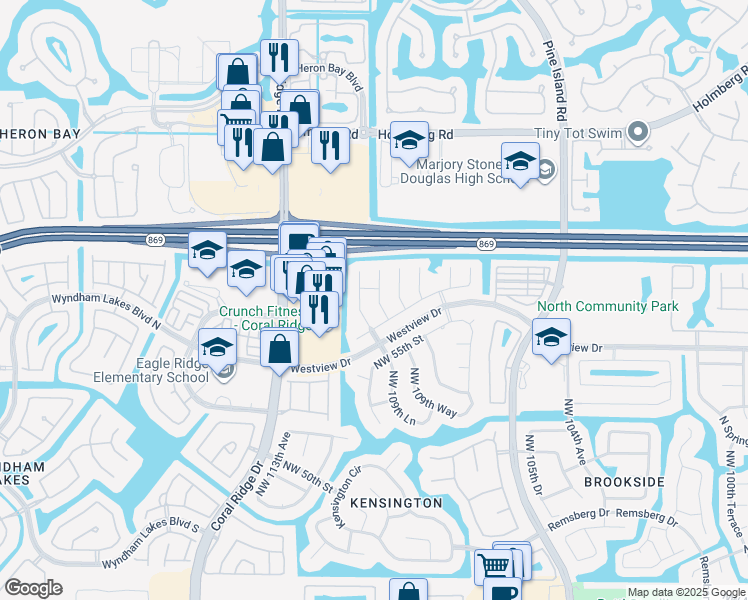 map of restaurants, bars, coffee shops, grocery stores, and more near 5670 Northwest 109th Way in Coral Springs