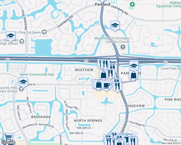 map of restaurants, bars, coffee shops, grocery stores, and more near 9701 Westview Drive in Coral Springs