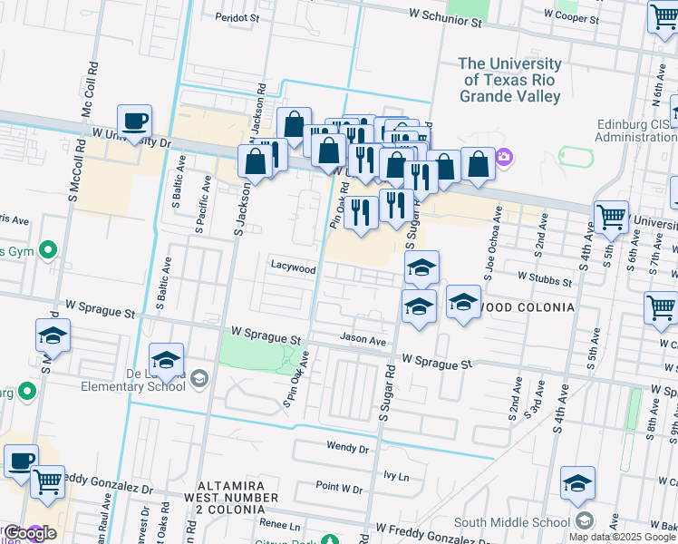 map of restaurants, bars, coffee shops, grocery stores, and more near 602 Pin Oak Road in Edinburg