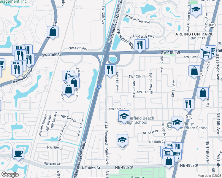 map of restaurants, bars, coffee shops, grocery stores, and more near 1400 FAU Research Park Boulevard in Deerfield Beach