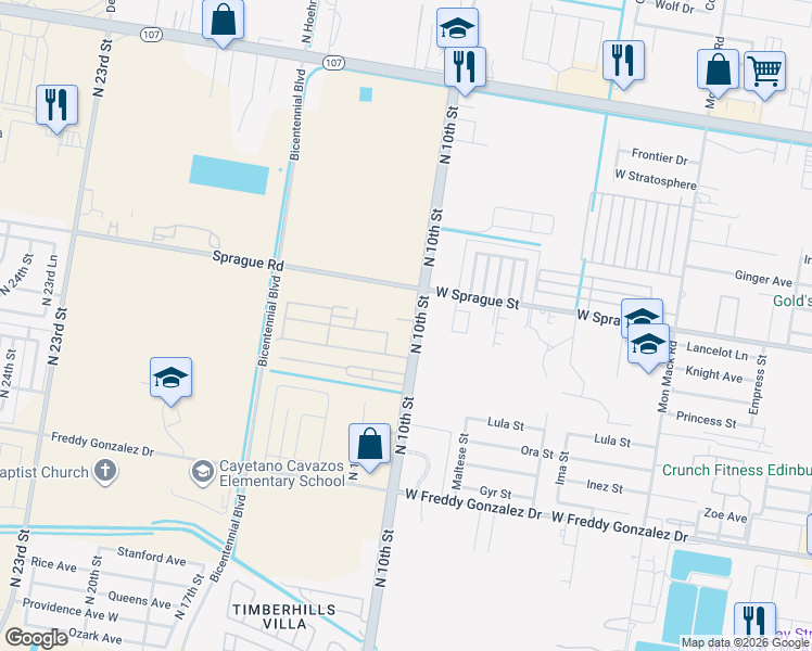 map of restaurants, bars, coffee shops, grocery stores, and more near 10721 North 10th Street in McAllen
