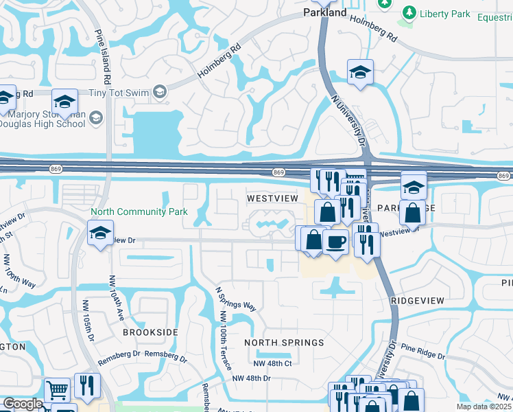 map of restaurants, bars, coffee shops, grocery stores, and more near 9877 Westview Drive in Coral Springs