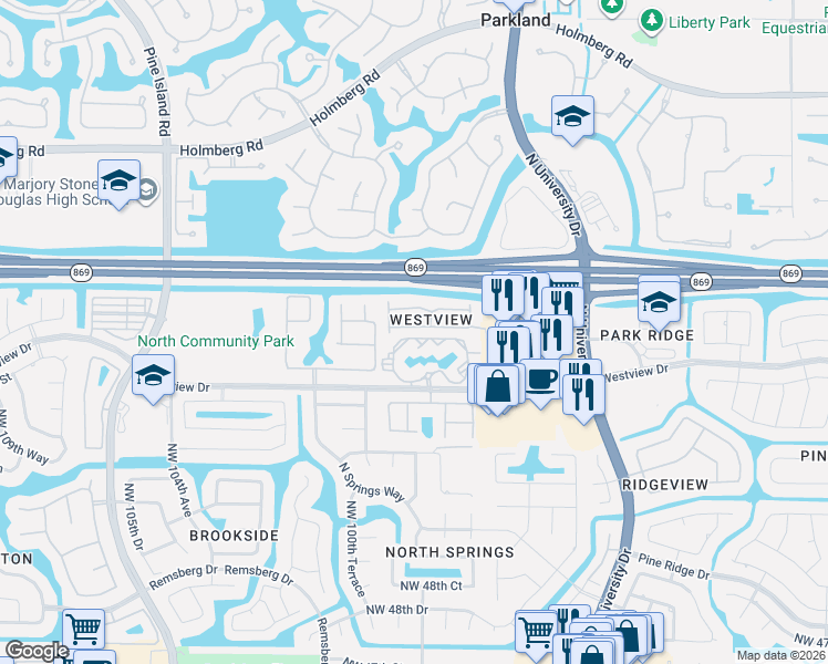 map of restaurants, bars, coffee shops, grocery stores, and more near 9877 Westview Drive in Coral Springs