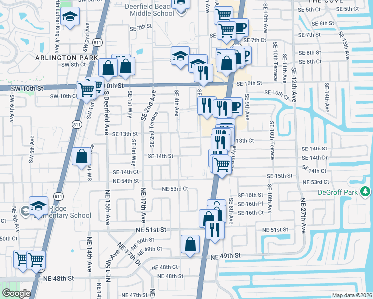 map of restaurants, bars, coffee shops, grocery stores, and more near 401a Southeast 14th Street in Deerfield Beach