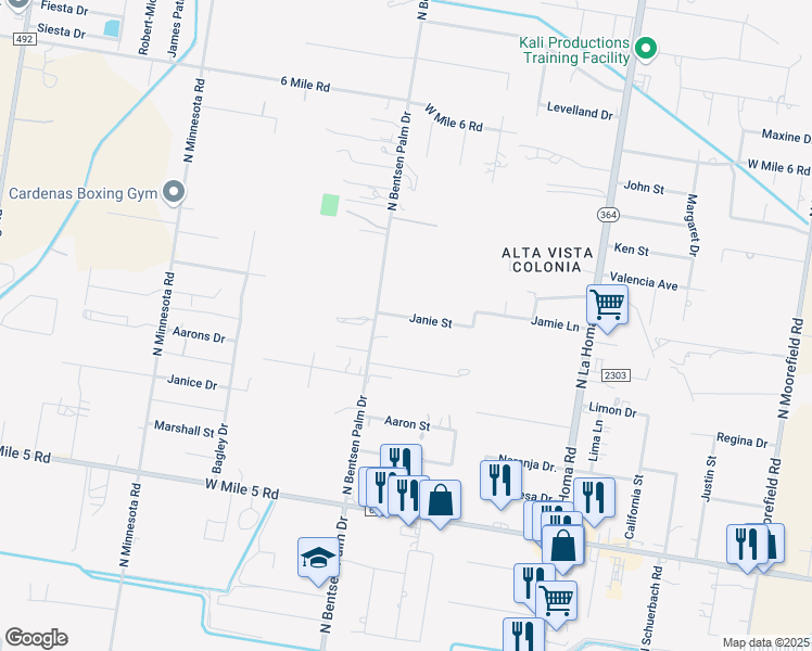 map of restaurants, bars, coffee shops, grocery stores, and more near 3605 Janie Street in Mission