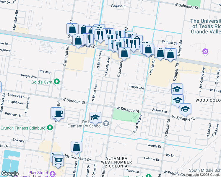 map of restaurants, bars, coffee shops, grocery stores, and more near 518 Boardwalk Street in Edinburg