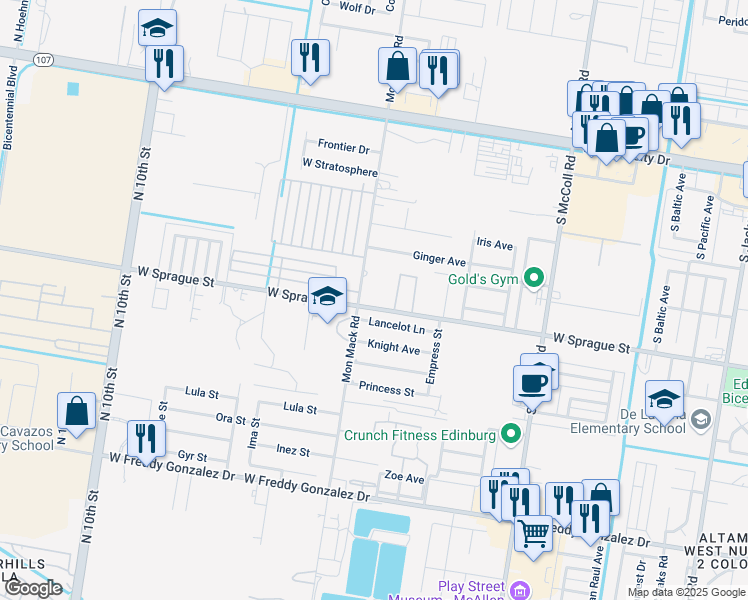 map of restaurants, bars, coffee shops, grocery stores, and more near 3523 West Sprague Street in Edinburg