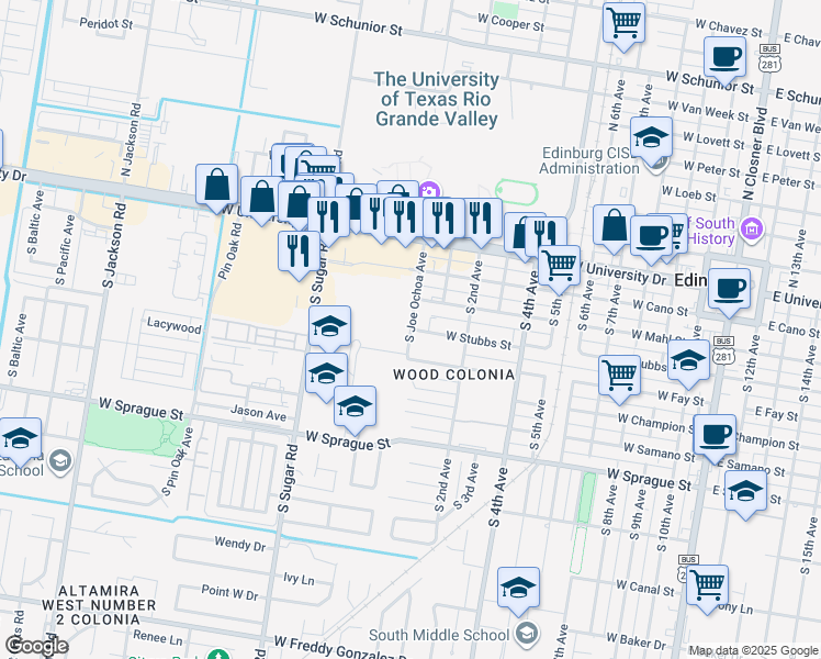 map of restaurants, bars, coffee shops, grocery stores, and more near 1122 West Stubbs Street in Edinburg