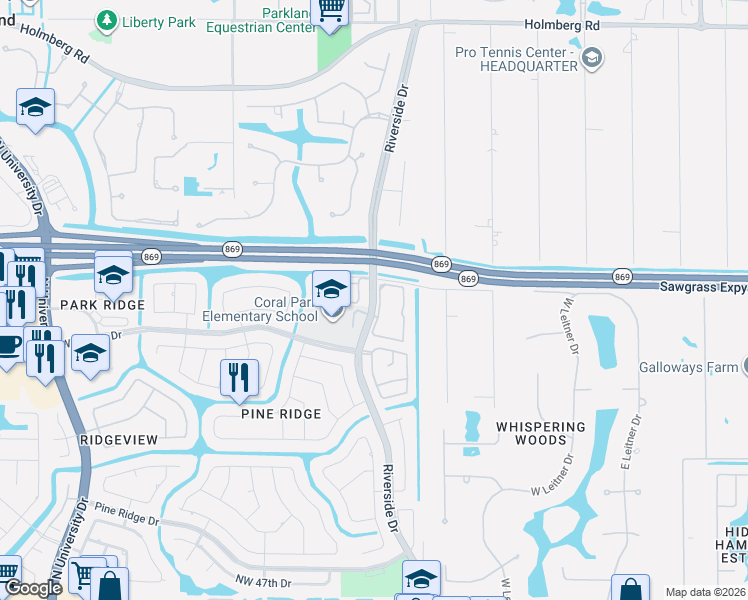 map of restaurants, bars, coffee shops, grocery stores, and more near 5601 Riverside Drive in Coral Springs