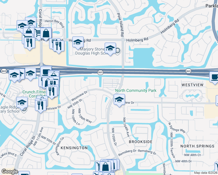 map of restaurants, bars, coffee shops, grocery stores, and more near 5502 Northwest 106th Drive in Coral Springs