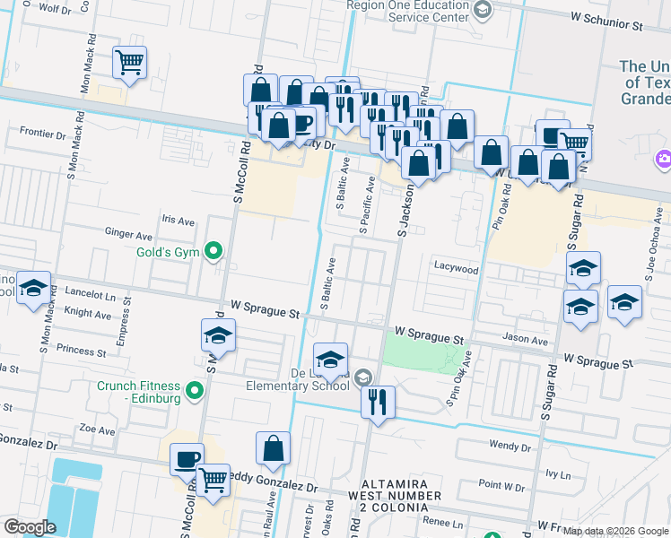 map of restaurants, bars, coffee shops, grocery stores, and more near 602 Baltic Avenue in Edinburg