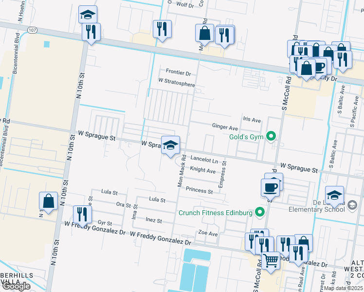 map of restaurants, bars, coffee shops, grocery stores, and more near 3600 Hawthorne Avenue in Edinburg
