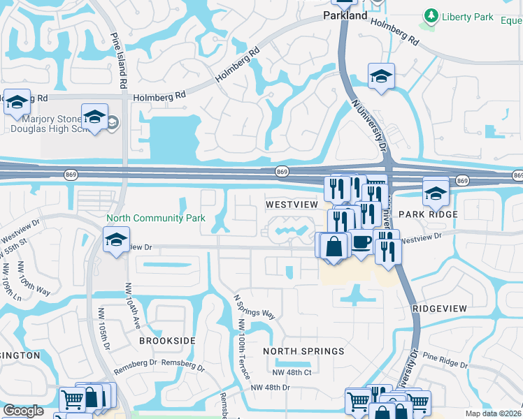 map of restaurants, bars, coffee shops, grocery stores, and more near 5628 Northwest 99th Lane in Coral Springs