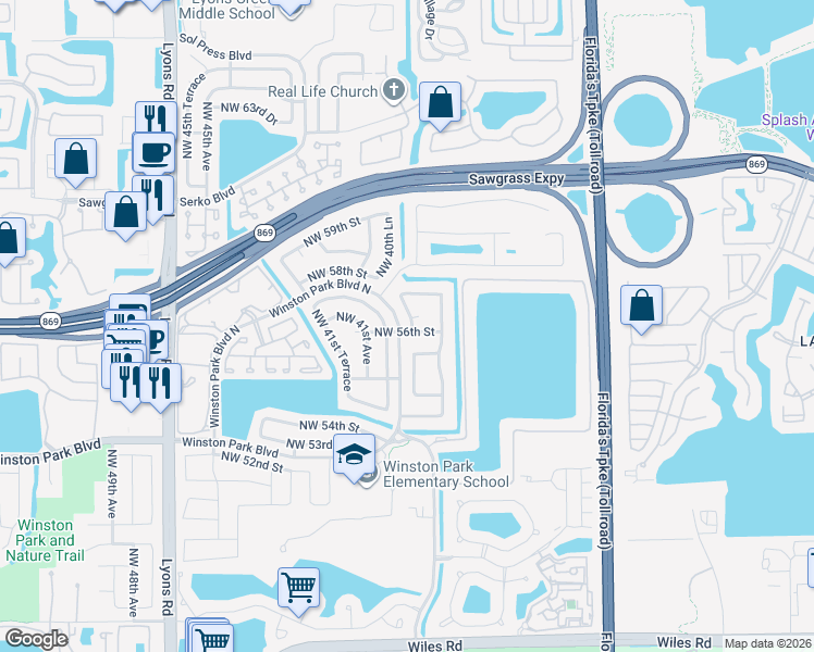map of restaurants, bars, coffee shops, grocery stores, and more near 3926 Northwest 56th Street in Coconut Creek