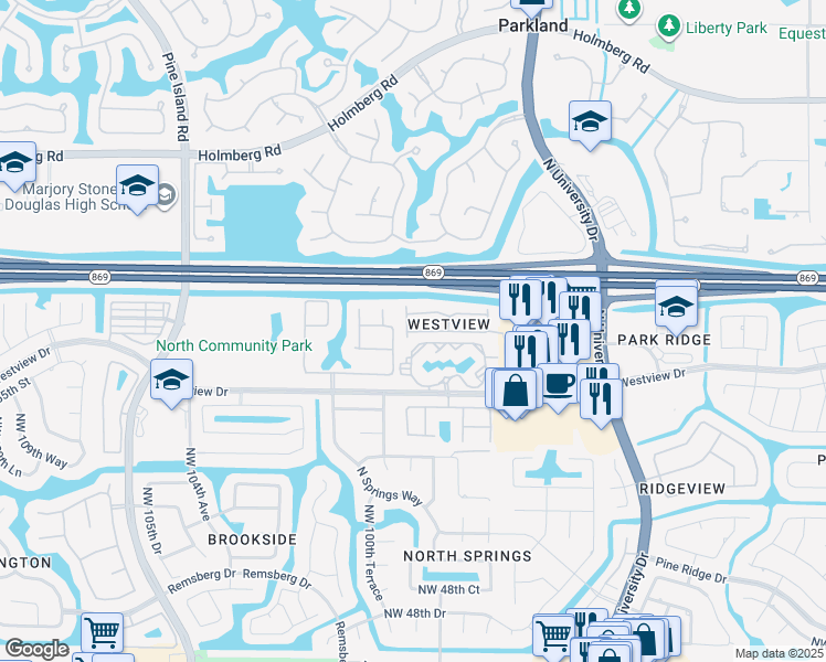 map of restaurants, bars, coffee shops, grocery stores, and more near 9877 Westview Drive in Coral Springs