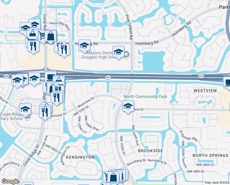 map of restaurants, bars, coffee shops, grocery stores, and more near 5502 Northwest 106th Drive in Coral Springs