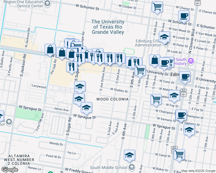 map of restaurants, bars, coffee shops, grocery stores, and more near 1105 West Stubbs Street in Edinburg