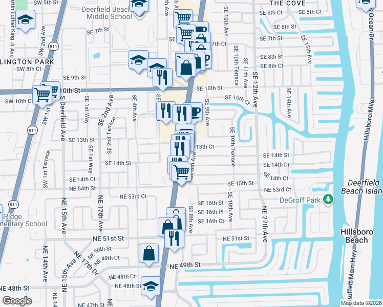map of restaurants, bars, coffee shops, grocery stores, and more near 1323 Southeast 8th Avenue in Deerfield Beach
