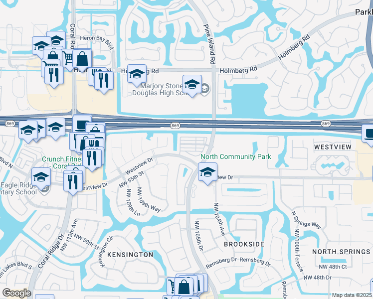 map of restaurants, bars, coffee shops, grocery stores, and more near 5502 Northwest 106th Drive in Coral Springs