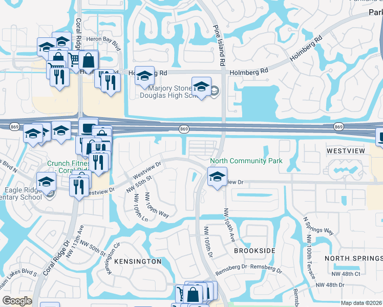 map of restaurants, bars, coffee shops, grocery stores, and more near 5502 Northwest 106th Drive in Coral Springs