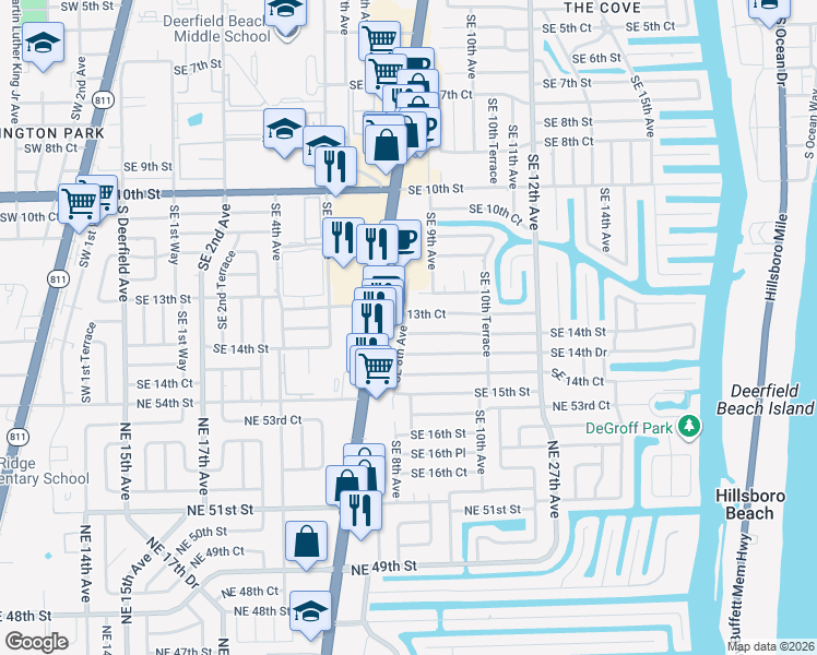 map of restaurants, bars, coffee shops, grocery stores, and more near 801 Southeast 14th Street in Deerfield Beach