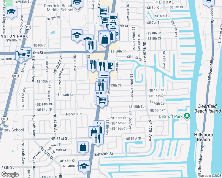 map of restaurants, bars, coffee shops, grocery stores, and more near 801 Southeast 14th Drive in Deerfield Beach