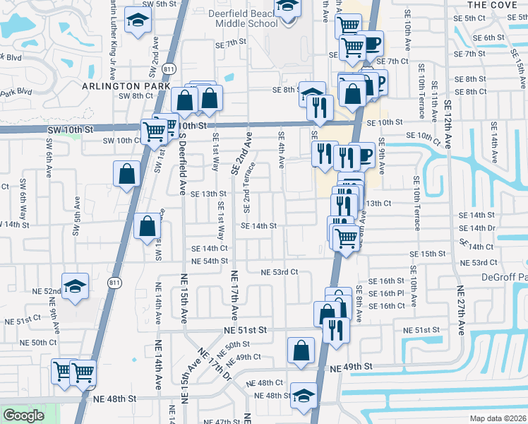 map of restaurants, bars, coffee shops, grocery stores, and more near 303 Southeast 14th Street in Deerfield Beach