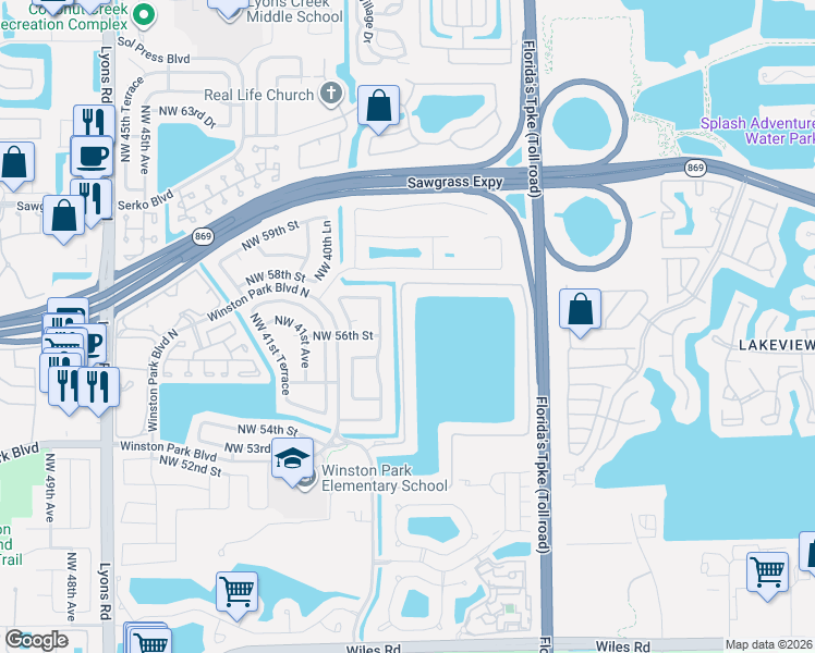 map of restaurants, bars, coffee shops, grocery stores, and more near 5590 Northwest 38th Terrace in Coconut Creek