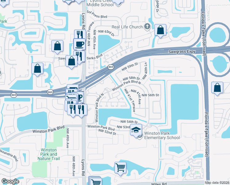 map of restaurants, bars, coffee shops, grocery stores, and more near 5601 Northwest 43rd Way in Coconut Creek