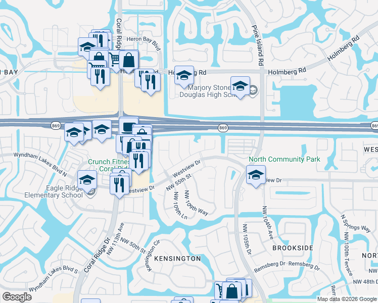 map of restaurants, bars, coffee shops, grocery stores, and more near 10750 Northwest 56th Court in Coral Springs
