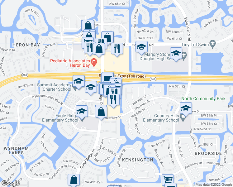 map of restaurants, bars, coffee shops, grocery stores, and more near 5677 Coral Ridge Drive in Coral Springs