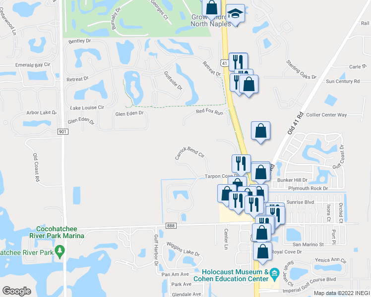 map of restaurants, bars, coffee shops, grocery stores, and more near 858 Carrick Bend Circle in Naples