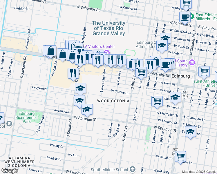 map of restaurants, bars, coffee shops, grocery stores, and more near 1105 West Stubbs Street in Edinburg