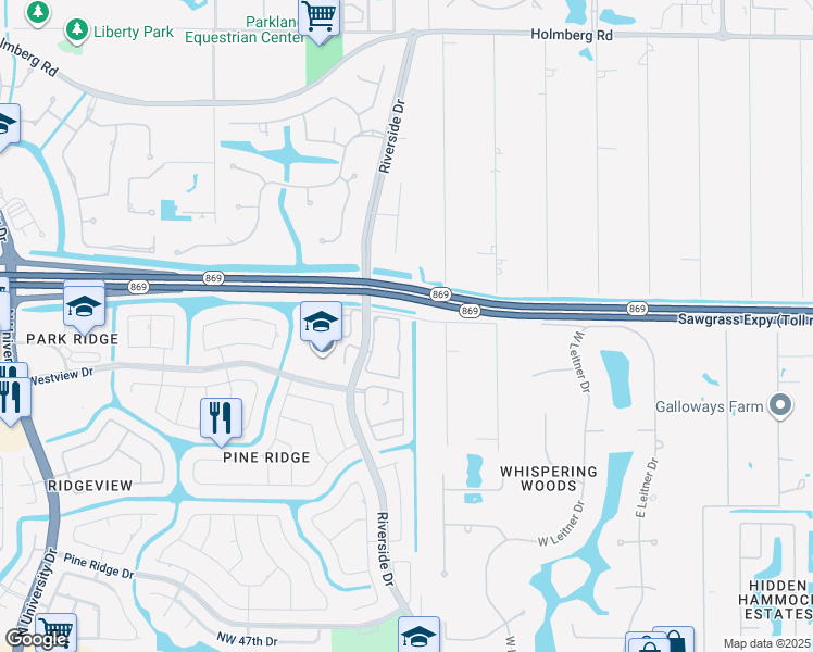 map of restaurants, bars, coffee shops, grocery stores, and more near Sawgrass Expressway in Parkland