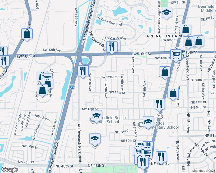 map of restaurants, bars, coffee shops, grocery stores, and more near 1261 Southwest 8th Avenue in Deerfield Beach