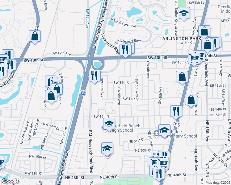 map of restaurants, bars, coffee shops, grocery stores, and more near 1270 Southwest 10th Avenue in Deerfield Beach