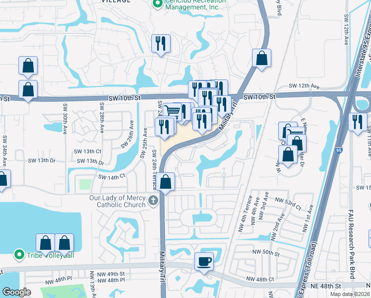 map of restaurants, bars, coffee shops, grocery stores, and more near 1305 South Military Trail in Deerfield Beach