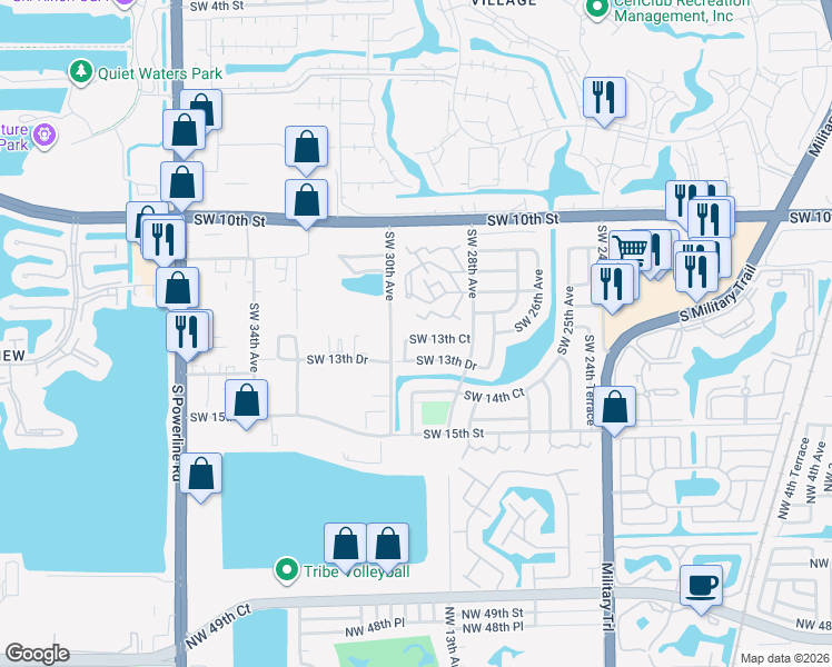 map of restaurants, bars, coffee shops, grocery stores, and more near 2914 Waterford Drive South in Deerfield Beach