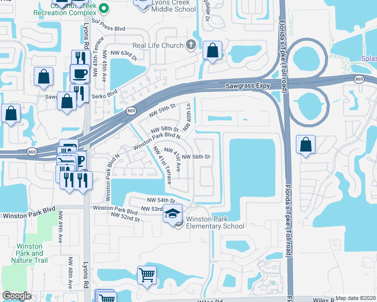 map of restaurants, bars, coffee shops, grocery stores, and more near 5640 Northwest 40th Terrace in Coconut Creek
