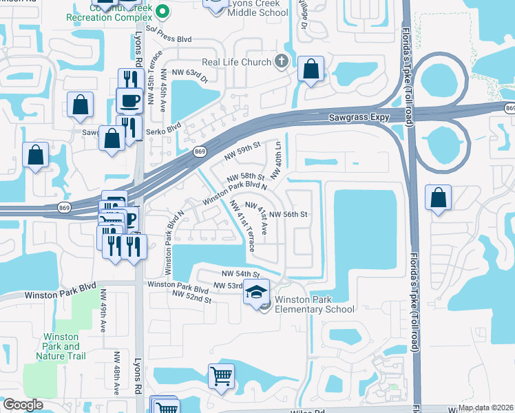 map of restaurants, bars, coffee shops, grocery stores, and more near 5691 Northwest 40th Terrace in Coconut Creek