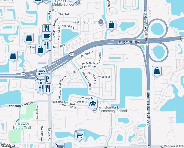 map of restaurants, bars, coffee shops, grocery stores, and more near 5691 Northwest 40th Terrace in Coconut Creek