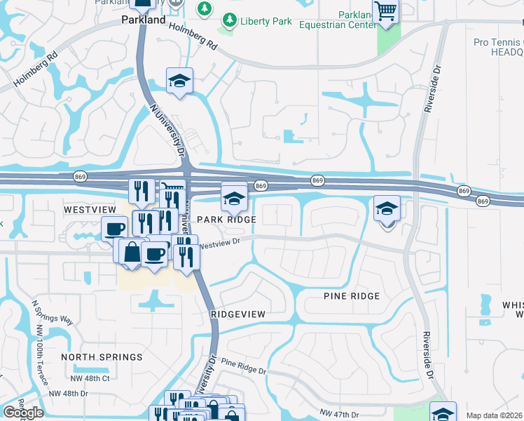 map of restaurants, bars, coffee shops, grocery stores, and more near 8861 Northwest 57th Court in Coral Springs