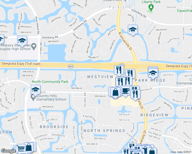 map of restaurants, bars, coffee shops, grocery stores, and more near 9957 Northwest 57th Manor in Coral Springs